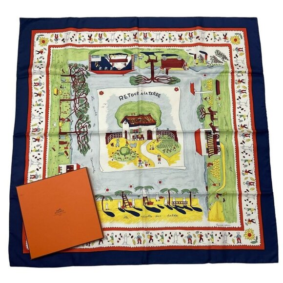 Hermes Carre 90 RE TOUR A LA Terre Return To Home Silk Scarf Navy